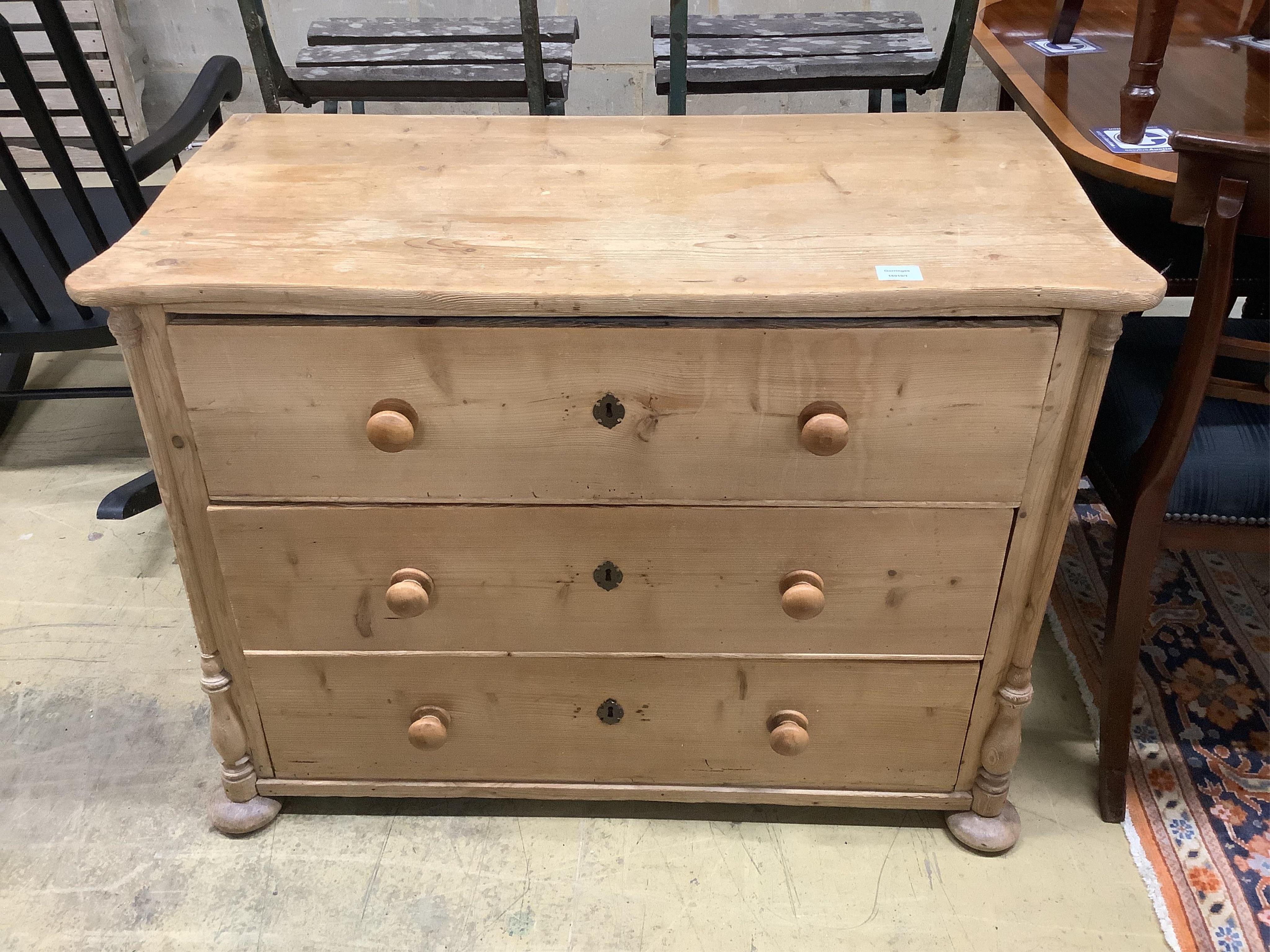 A 19th century Continental pine serpentine front chest of three drawers, width 102cm, depth 55cm, height 76cm. Condition - fair